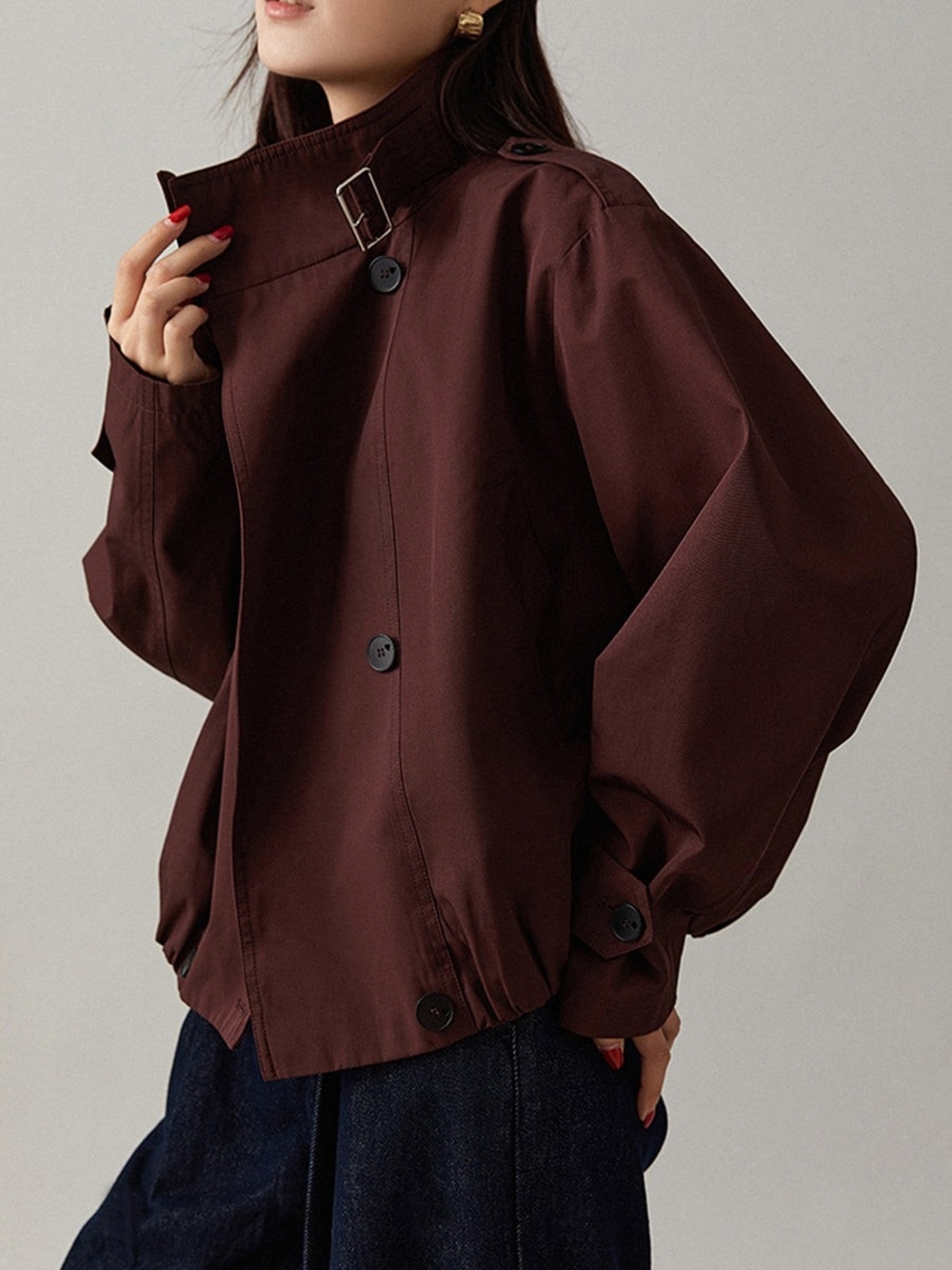 Commense Burgundy Short Trench Jacket with Buckle Collar - Picture 3 of 5